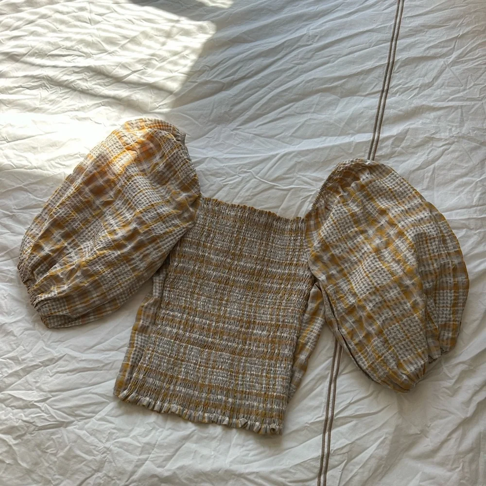 Anthropologie Yellow Plaid Puff-Sleeve Crop Top